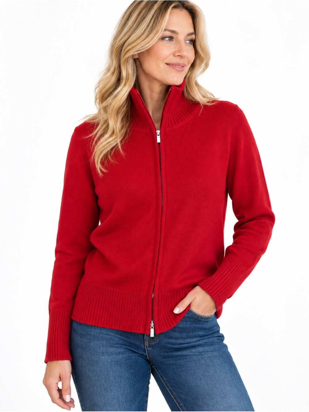Boston Proper Full Zip Cardigan Sweater Women L Red Mock Neck Cardigan Jacket